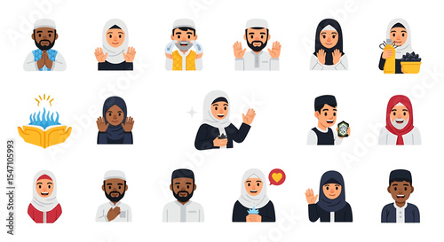 Vector Icons Set of Diverse Muslim People Cartoon Illustrations Praying Greeting and Daily Life Activities. Vector Illustrations. EPS Editable