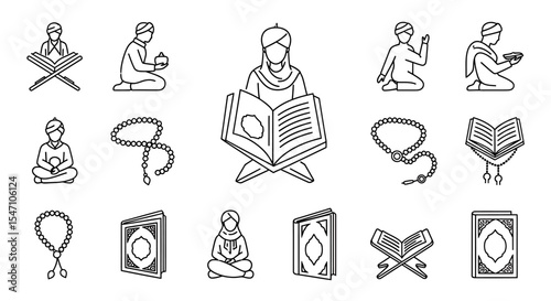 Vector Icons Set of Islamic Prayer Icons Muslim People Quran and Tasbih Beads in Black and White. Vector Illustrations. EPS Editable
