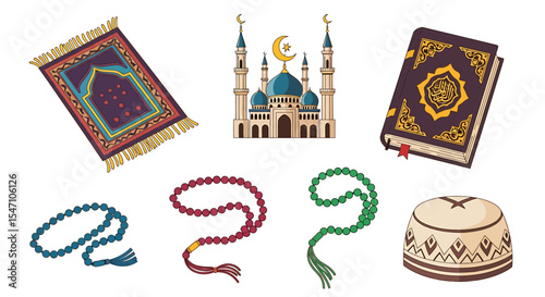 Vector Icons Set of Islamic Religious Objects Mosque Prayer Rug Quran Beads Kufi Cap. Vector Illustrations. EPS Editable