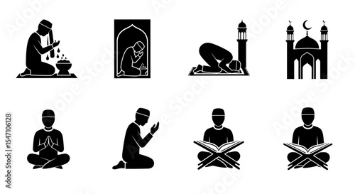 Vector Icons Set of Islamic Religious Icons Prayer Ablution Mosque and Quran Reading. Vector Illustrations. EPS Editable