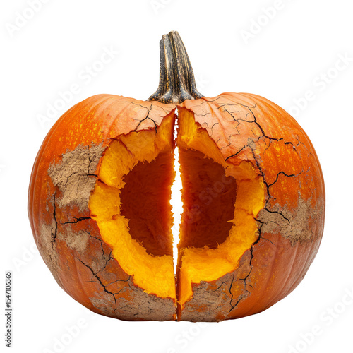 Isolated Cracked Pumpkin with Illuminated Interior on Transparent Background