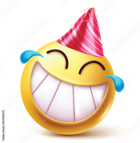 A cheerful yellow emoji with a huge grin, tears of laughter, and a red-striped party hat perfect for expressing pure joy, fun, and excitement during festive birthday or party celebrations.