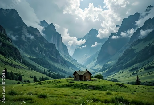 sunny mountain valley with house on green hillside and blue sky