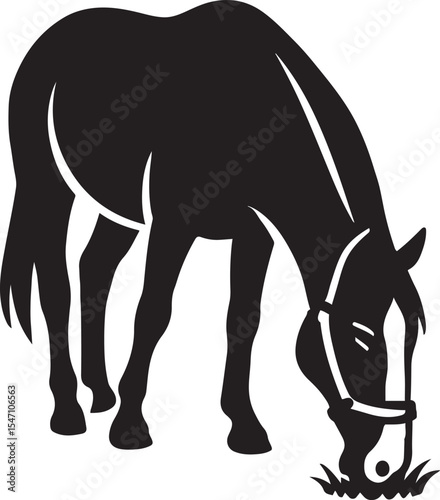 Silhouette of a horse grazing in a field, Peaceful animal black and white sketch