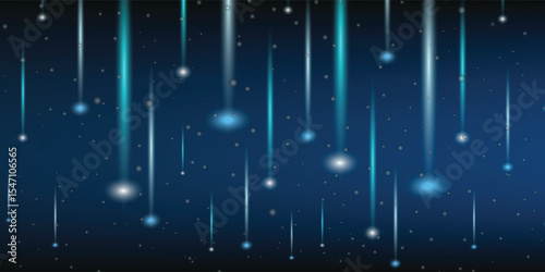 Meteor rain with falling glowing comets. Abstract light digital background. Neon Light Particles, luminous rays in motion, technology, network. falling glowing neon lights. Falling stars. Vector EPS10