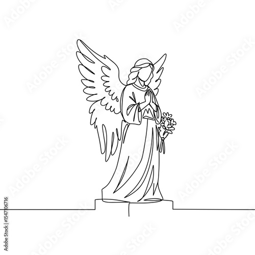Angel statue holding flowers in minimalist line art style  