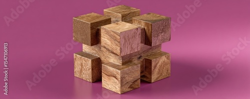 A close up of a stacked wooden cubes on a pink background creating a geometric abstract composition
