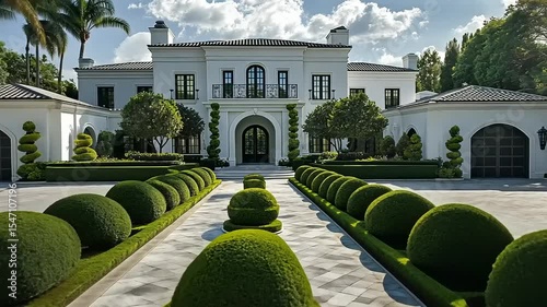 Elegant mansion surrounded by manicured hedges and a stone pathway under a bright blue sky