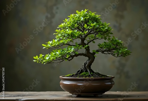 bonsai tree with vibrant leaves in brown ceramic pot against textured neutral background