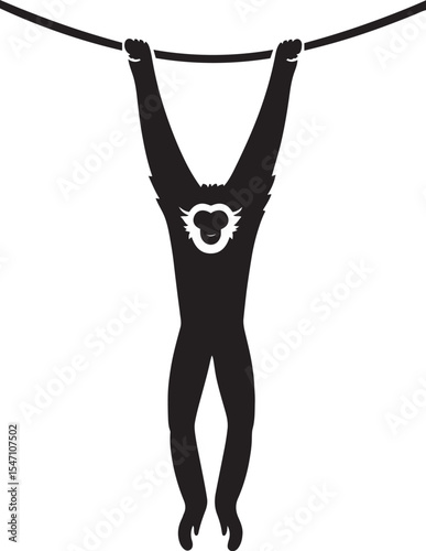 Gibbon hanging from rope silhouette vector, Playful primate black and white pose