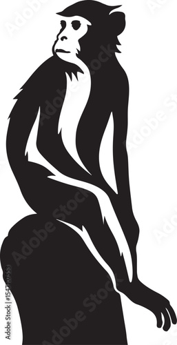 Thoughtful monkey silhouette in sitting pose, Pensive primate figure black and white art