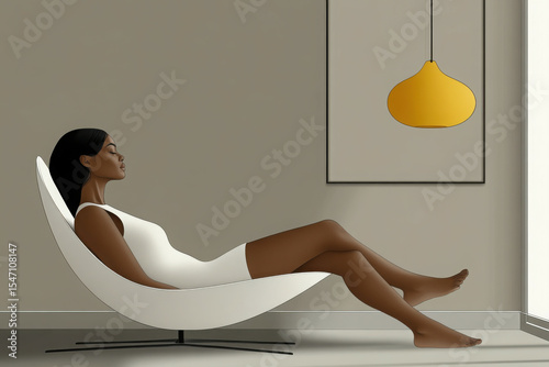 A woman in a white garment sits in a modern curved chair, eyes closed, in a minimalist room with a framed yellow pendant light,To reveal the serene, contemporary space.