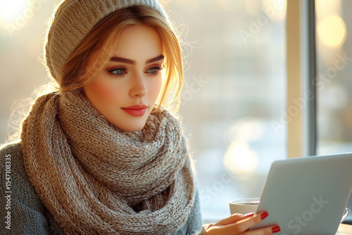 A woman, wrapped in a warm scarf and hat, working with her laptop by the window, capturing a blend of modern technology and the season's serenity.
