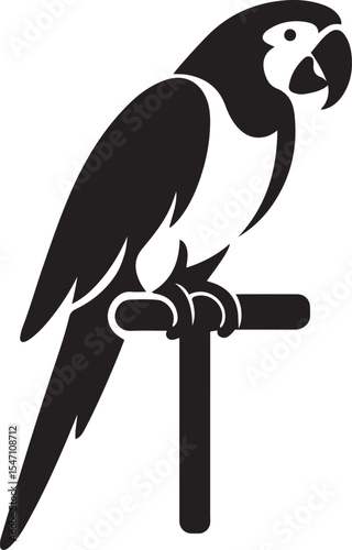 Parrot perched on perch silhouette drawing, Exotic bird black and white illustration