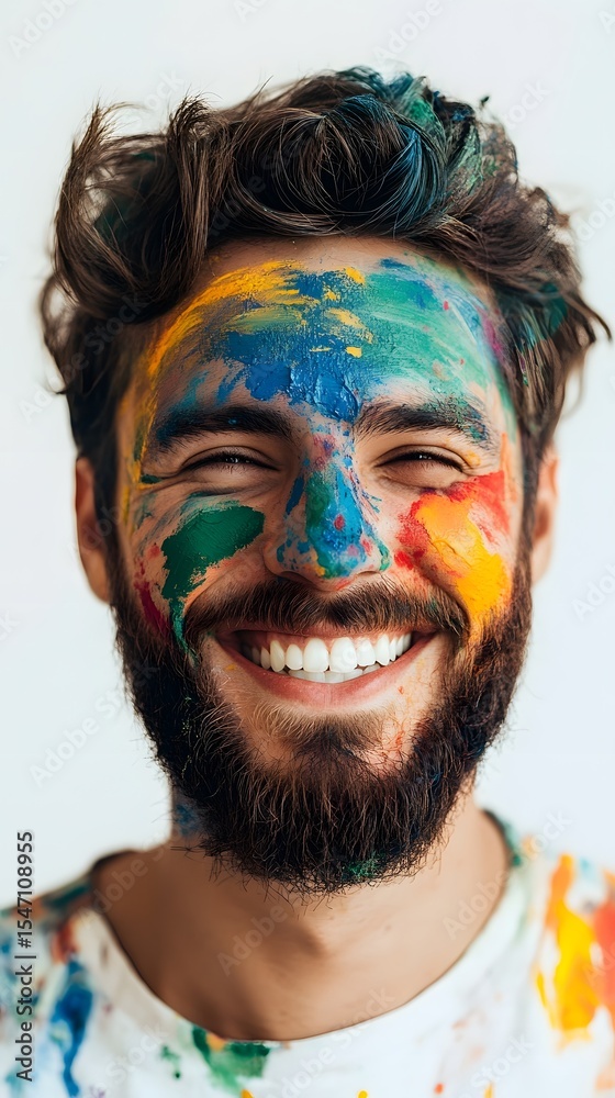 Obraz premium 36. A smiling artist with paint on face under white background