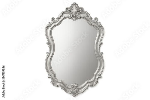 Silver rococo mirror reflecting light on a transparent background, perfect for interior design projects