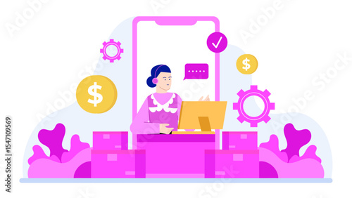 Illustration showcasing a woman multitasking with online orders and finances. Suitable for ecommerce blogs, financial websites, and business presentations.
