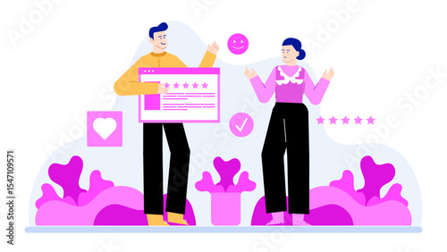 Illustration of a five star customer review and happy client, perfect for marketing materials and customer satisfaction presentations.