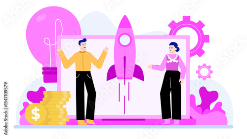 Two people starting a business venture with cash; perfect for illustrating entrepreneurship, finance, business partnerships, small businesses, and startups.