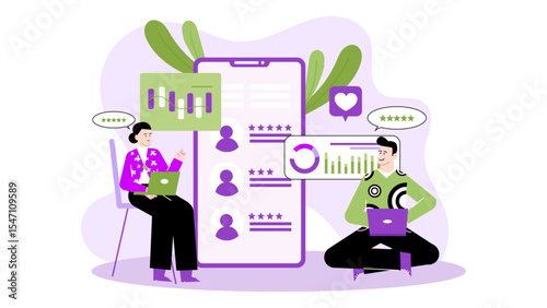 Two individuals reviewing customer feedback and business analytics on a phone. Suitable for marketing and data analysis concepts.