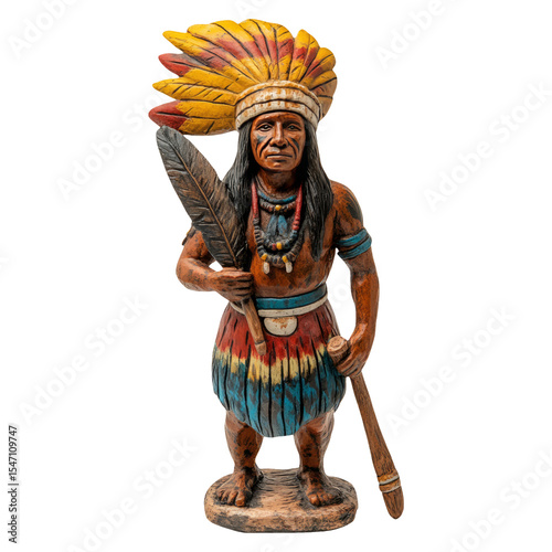 Isolated Native American figurine with feathered headdress on transparent background