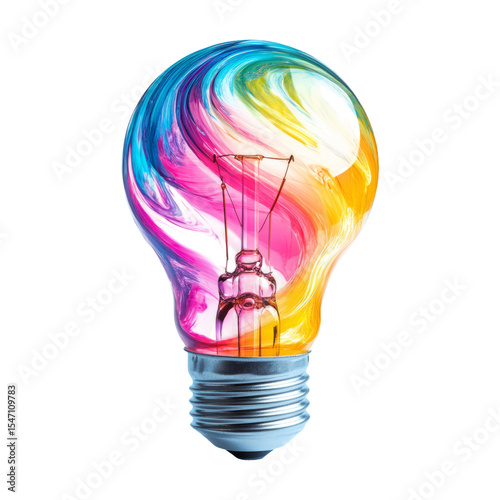 Colorful light bulb with swirling paint on a transparent background
