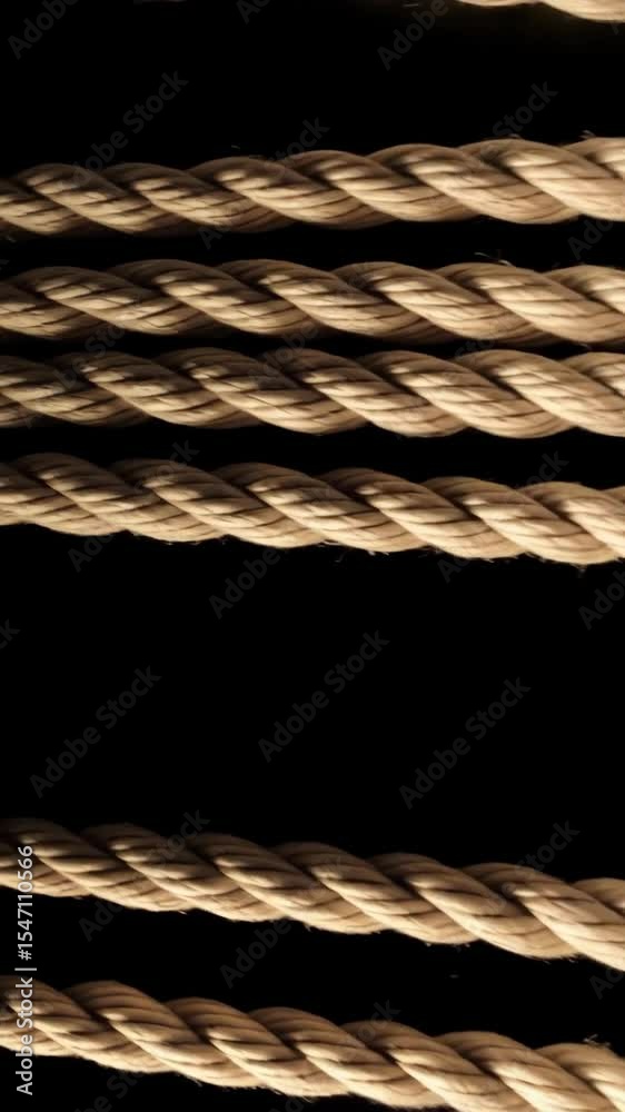 Arrangement of thick, twisted tan ropes aligned horizontally against a stark black background. Rough texture, strong nautical feel, minimal. Arrangement of thick, twisted tan ropes aligned horizontally against a stark black background. Rough texture, strong nautical feel, minimal.