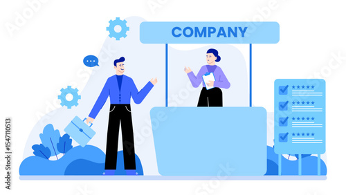 Job applicant discussing qualifications with company representative. Suitable for recruitment, hiring, job interviews, HR, career advancement concepts in business.