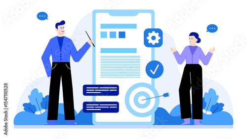 Illustration of two people discussing mobile app features and goals. Perfect for tech blogs, startup presentations and marketing materials.