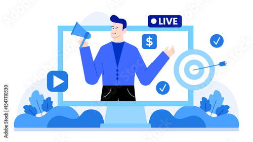 Man livestreaming a business presentation online. Perfect for webinars, virtual conferences, digital marketing, remote work, online classes, and technology concepts.
