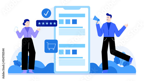 Title Online shopping feedback and marketing. Suitable for websites, blogs, and social media to illustrate ecommerce customer reviews and marketing strategies.