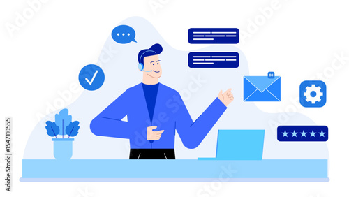 Customer service agent assisting clients online, perfect for websites, blogs, social media posts, and infographics. Ideal for showcasing online customer support.