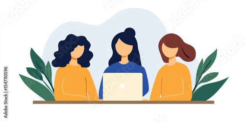 Illustration of three women sitting together with a laptop, surrounded by green leaves, symbolizing teamwork and collaboration.