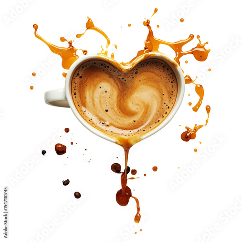 Coffee Splash in Heart-Shaped Cup with Transparent Background
