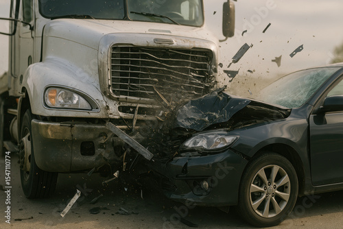 Dramatic collision between large semi truck and car on highway