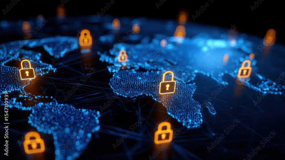 © Gibster - Digital world map with security locks, symbolizing global cybersecurity and data protection. © Gibster - Digital world map with security locks, symbolizing global cybersecurity and data protection.