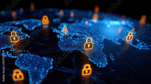 Digital world map with security locks, symbolizing global cybersecurity and data protection.