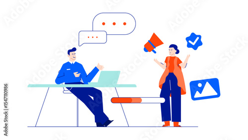 Two people discussing marketing strategies online, suitable for business blogs, social media posts, marketing presentations, and website content.