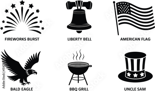 Six Blackand White Minimalist Vector Icons Fireworks Burst Liberty Bell American Flag Bald Eagle B Q Grill