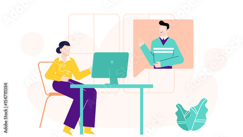 Online meeting captures two individuals in a virtual discussion. Suitable for remote work, video conferencing, business communication visuals.