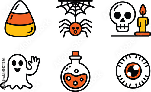 Six Playful Halloween Icons Orange Black White Candy Corn Spider Skull Candle Ghost Potion Eye vector 1