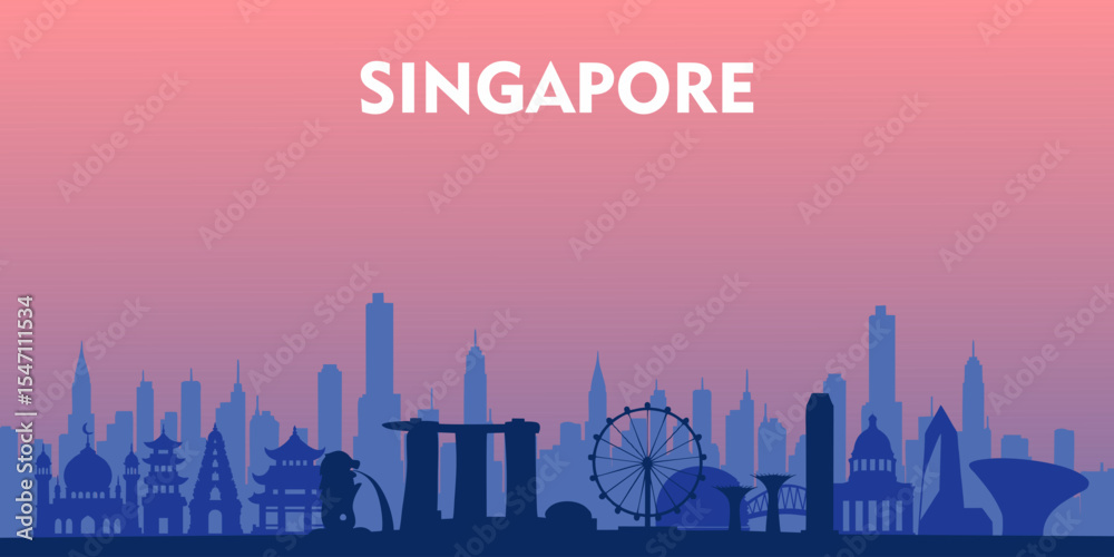 Φωτογραφία Vector illustration of Singapore skyline silhouette with iconic landmarks such as Marina Bay Sands, Merlion, Singapore Flyer, and modern skyscrapers