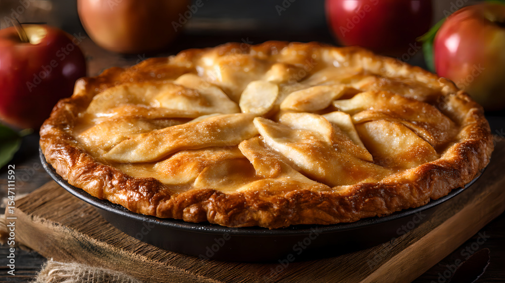 National Apple Pie Day, golden brown apple pie with apple slices visible in the filling. Apple pie is placed on the table. Kitchen background, apple pie looks delicious. AI generated images. National Apple Pie Day, golden brown apple pie with apple slices visible in the filling. Apple pie is placed on the table. Kitchen background, apple pie looks delicious. AI generated images.