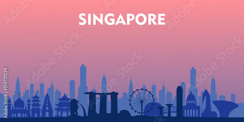 Vector illustration of Singapore skyline silhouette with iconic landmarks such as Marina Bay Sands, Merlion, Singapore Flyer, and modern skyscrapers. Suitable for travel brochures, web banners, poster