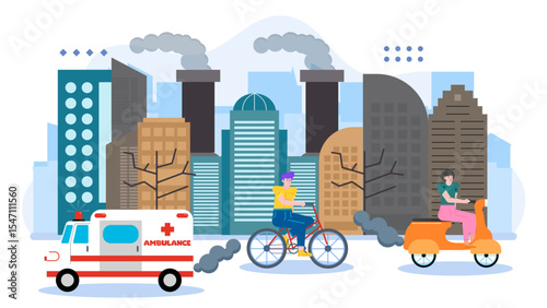 Urban pollution scene with ambulance, bicycle, and scooter. Suitable for environmental awareness campaigns, public health presentations, and urban development projects.