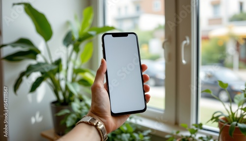 a hand holding a smartphone displaying a blank white screen in front of a window with a view of green foliage, potted plants, and a building, suggesting an indoor setting during daylight hours