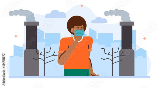 Masked person near polluting factories. Urban pollution concept. Environment, pollution, industrial, city, contamination, factory, global warming, smog, toxic, climate change.
