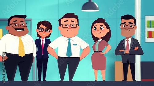 Animated office team smiling together in a modern workspace with colorful backgrounds and charts