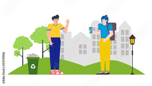 Two people greeting near a parks recycling bin with city buildings in the background. Suitable for promoting ecofriendly urban activities.