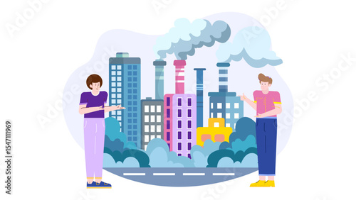 Two people discussing polluting factory city; environmental impact. Suitable for articles, presentations, and campaigns addressing pollution and climate change topics.